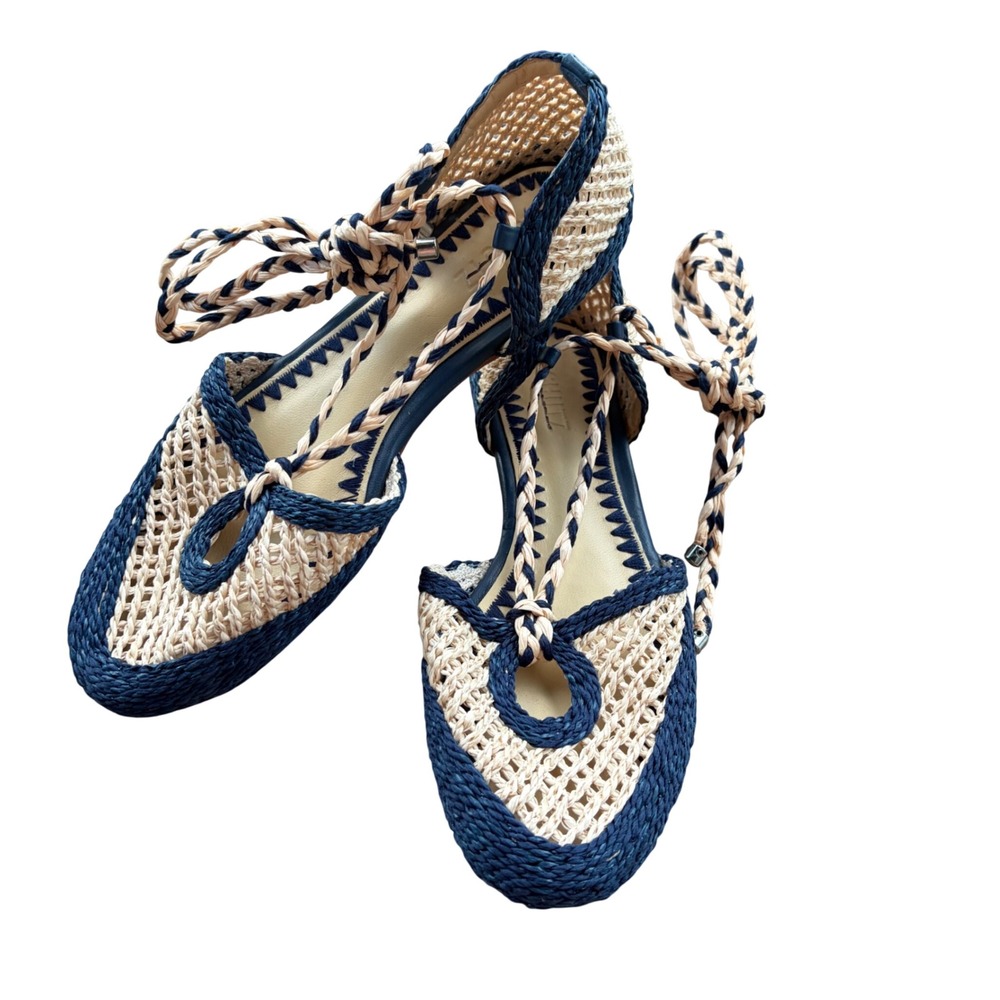 Schutz Jessel Navy Blue Natural Woven Raffia Lace Up Flat Sandals 8.5